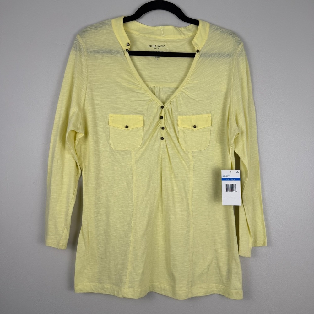 Nine West‎ Henley Top Women's XL Yellow Cotton Blend Long Sleeve Pullover Casual
